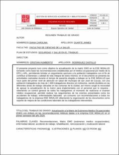 Portada Actualización a la matriz de exámenes medico ocupacionales (emo) con énfasis en las recomendaciones médicas dadas a la empresa ese imsalud en el primer semestre del año 2024.