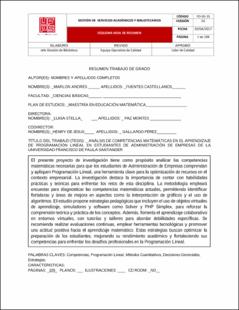 Portada Análsis de competencias matemáticas en el aprendizaje de programación lineal en estudiantes de administración de empresas de la universidad Francisco de Paula Santander