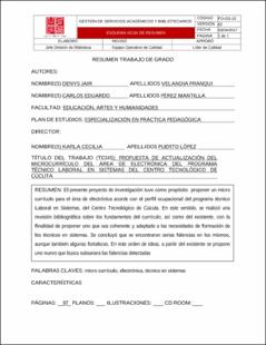 Portada Propuesta de actualización del microcurrículo del área de electrónica del programa técnico laboral en sistemas del centro tecnológico de Cúcuta